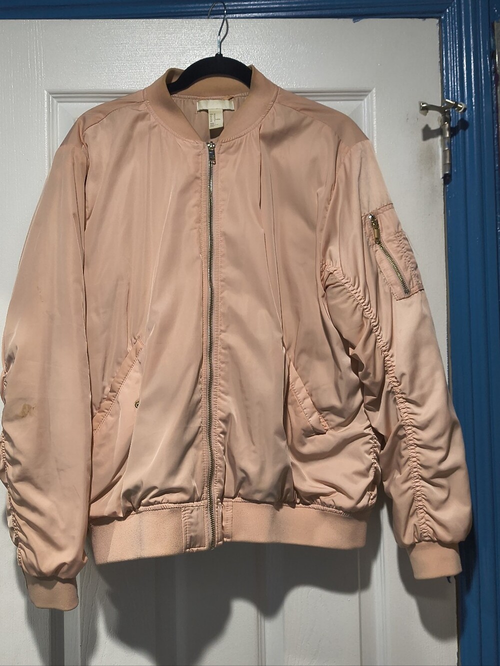 H&M Blush Pink Ruched Sleeve Bomber Jacket Flight Coat - Size 14